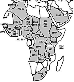 Figur 2   Spreiing av N meningitidis subgruppe III-klonar i Afrika etter Mekka-utbrottet i 1987. &Aring;rstala viser n&aring;r subgruppe&hellip;
