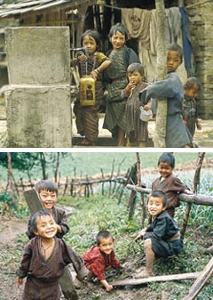 Vann er viktig for barns helse og trivsel. Til venstre: Vann i r&oslash;r fra en ren kilde til en kran i landsbyen reduserer faren&hellip;