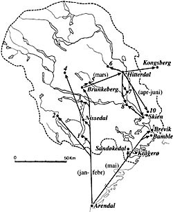  Figur 1    De to spredningsrutene under koppeepidemien i Telemark i 1868. M&aring;neder for spredningen er angitt i parentes&hellip;