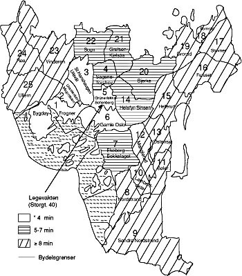 Figur 3 Kart over Oslos bydeler, inndelt i forskjellig skraveringskoder avhengig av utrykningstiden fra oppkalling &hellip;