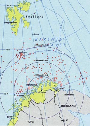 Figur 2  Henteposisjoner (o) for 147 ambulanseoppdrag i Barentshavet. Sirklene angir avstand fra basen i Lakselv