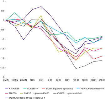 Figur 2  Et eksempel p&aring; en klynge av gener med liknende uttrykksprofil (synkende genuttrykk i subintervallet 2 &ndash; 12 timer)&hellip;