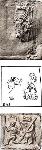 Figur 4   Bronseplater fra forskjellige merovingertidshjelmer. P&aring; alle sees menneskefigurer med storhornede hjelmer. &Oslash;verst&hellip;