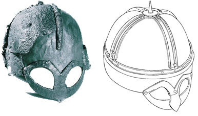 Figur 9   Gjermundbu-hjelmen, den eneste vikingtidshjelm funnet i Skandinavia. Til venstre den rekonstruerte hjelmen (h&oslash;yre&hellip;