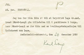 Figur 5   Ett av mange avslag overfor utenlandske leger (11). Ernst F&uuml;rst-Lampl var gynekolog, og var lege p&aring; hvalfangstskip&hellip;