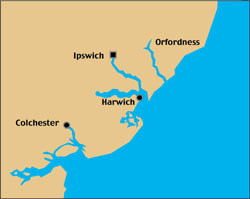 Figur&thinsp;&thinsp;4  De aktuelle byene p&aring; Englands kyst ved transporten av Fougner. Avstanden Ipswich &ndash; Colchester 27 km (17 miles)&hellip;