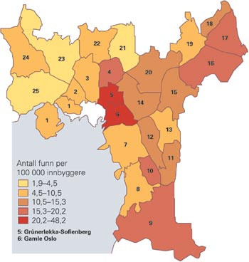 Insidens av tuberkulose i Oslos bydeler 1996&ndash;2001. Bydelene merket 5 og 6 er Gr&uuml;nerl&oslash;kka-Sofienberg og Gamle Oslo. Kilde:&hellip;