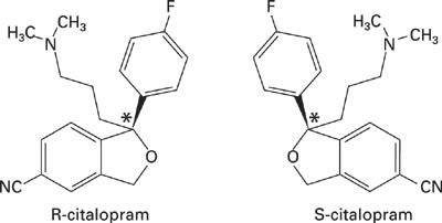 Enantiomere former av citalopram, stereosenter markert med *