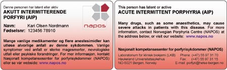 Figur 2  Identitetskortet for sykdommen akutt intermitterende porfyri opplyser om intoleranse overfor mange vanlige&hellip;