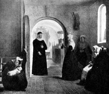 Figur 3  Barselkonens kirkegang. Presten m&oslash;ter henne i v&aring;penhuset. Etter C. Dalsgaards maleri, 1861 (13)