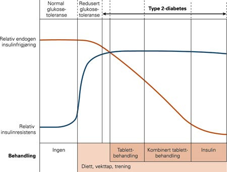 Bidrag av insulinresistens og insulinfrigj&oslash;ring under utvikling og forl&oslash;p av type 2-diabetes. Tilpasset fra De Fronzo (10)