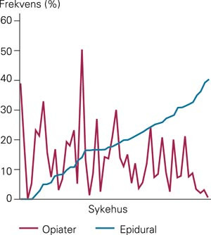 Frekvens av epidural og systemisk opioid smertelindring ved f&oslash;deavdelingene. X-aksen: Hvert sykehus sortert etter stigende&hellip;