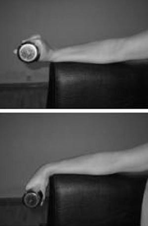 Figur 1  Eksentriske &oslash;velser for h&aring;ndleddets ekstensormuskler, langsom h&aring;ndleddsfleksjon mot motstand