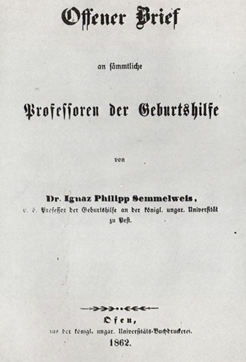 Figur 2  Tittelsiden p&aring; et &aring;pent brev til samtlige professorer i f&oslash;dselshjelp, utgitt av Semmelweis i 1862