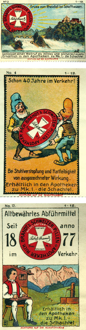 Figur 5&thinsp;&ndash;&thinsp;7  Tre reklamemerker for Brandts piller fra omkring 1910&thinsp;&ndash;&thinsp;20