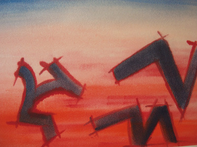 Pasienten har malt bl&aring; sikksakkstreker som representerer hennes devaluerende stemmer, som sier hun skal ta livet av seg&hellip;