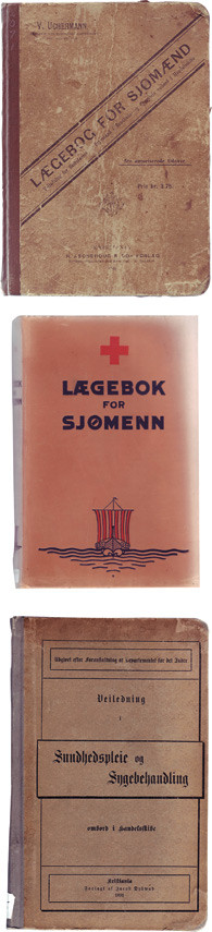 Figur 2  Legeb&oslash;ker ble i 1893 p&aring;budt til sj&oslash;s. Her er de tre vanligste: Veiledning i Sundhedspleie og Sygebehandling ombord&hellip;