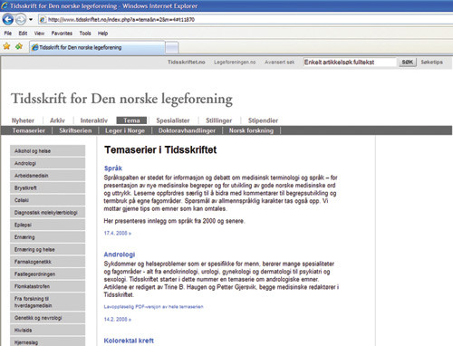 Figur 3  Tidligere spr&aring;kspalteinnlegg. www.tidsskriftet.no/?a=tema&n=2&m=4