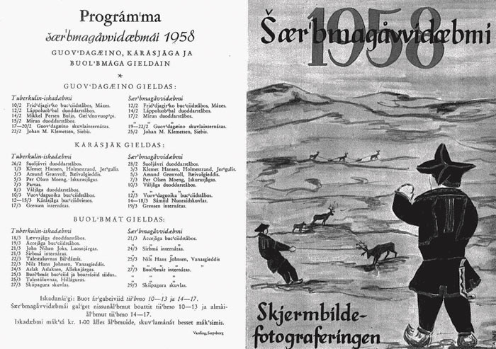 Figur 3  Program for skjermbildeunders&oslash;kelser i indre Finnmark, 1958. Samisk ble tatt i bruk i opplysningsarbeidet mot&hellip;