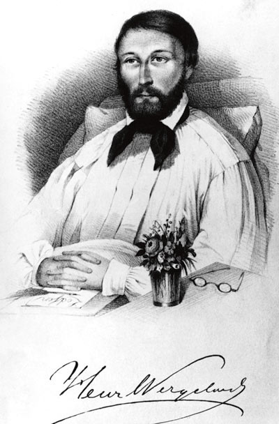 Henrik Wergeland (1808&thinsp;&ndash;&thinsp;45). Litografi p&aring; sykeleiet. Wergelands signatur under bildet. Foto NTB-arkiv/SCANPIX