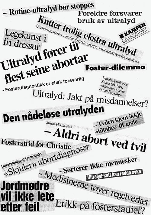 Figur 2  Eit lite utval avisoverskrifter om ultralyd fr&aring; perioden 1991&thinsp;&ndash;&thinsp;95