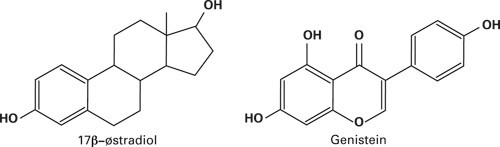 Figur 2  Strukturformler for det kvinnelige kj&oslash;nnshormonet 17-&beta;-&oslash;stradiol og isoflavonet genistein