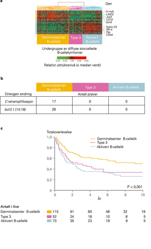 Figur 2  Undergrupper av diffuse storcellede B-cellelymfomer basert p&aring; genuttrykksprofil. a) Hierarkisk baserte klynger av&hellip;