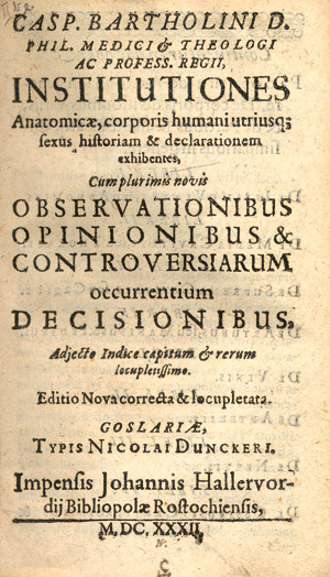 Figur 4  Caspar Bartholin den eldres l&aelig;rebok Institutiones anatomicae. Utl&aring;nt av Universitetsbiblioteket i Bergen