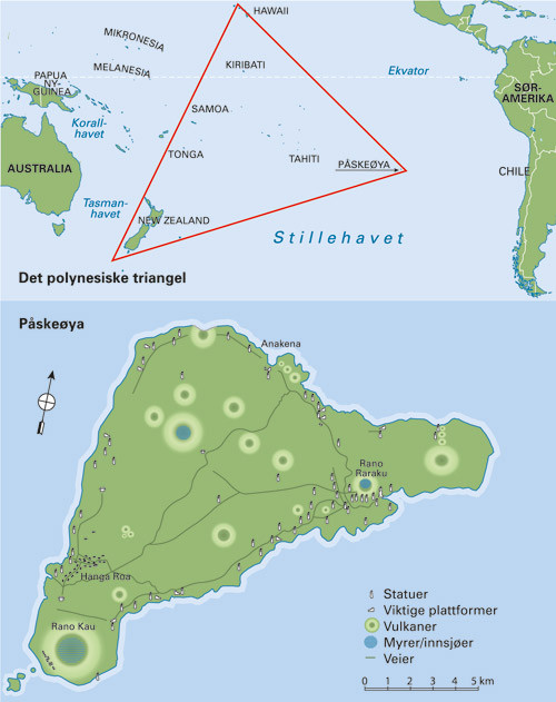 Figur 1  &Oslash;verst: Kart over Oseanea og Stillehavet med det polynesiske triangel av &oslash;yer. P&aring;ske&oslash;ya utgj&oslash;r det &oslash;stre hj&oslash;rnet av&hellip;