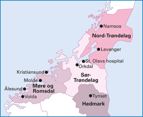 Figur 1  Kartet viser &aring;tte sykehus i helseregion Midt-Norge, samt Tynset sykehus i Hedmark fylke