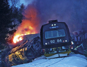 4. januar 2000 kolliderte to tog ved &Aring;sta s&oslash;r for Rena. Foto SCANPIX