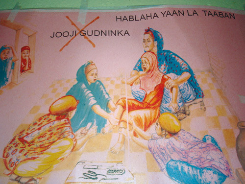 Informasjonsarbeid mot kvinnelig omskj&aelig;ring formidles i en tegning som viser frykten og smerten i en omskj&aelig;ringsscene