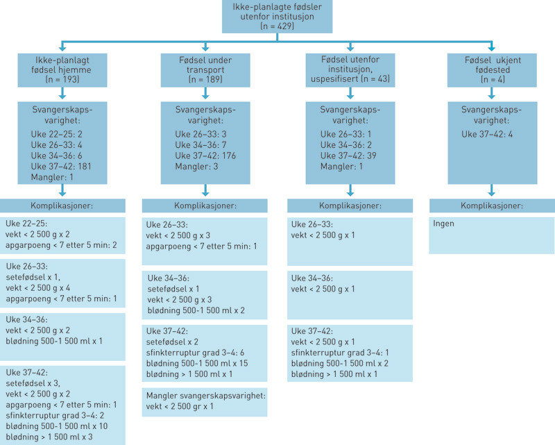 Figur 1  Flytskjema for 429 f&oslash;dsler (430 barn) som ikke-planlagt fant sted utenfor institusjon i Norge i 2008 med henblikk&hellip;
