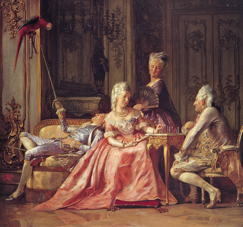 Dronning Caroline Mathilde og hennes elsker, livlege Struensee, spiller sjakk, den sinnssyke kong Christian driller en&hellip;