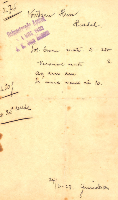 Legen forskriver en resept til apoteket og foreskriver en behandling til pasienten. Resept fra 1923