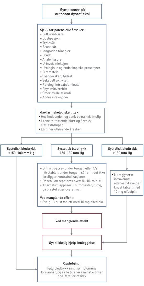 Figur 2  Forslag til behandlingsalgoritme ved autonom dysrefleksi hos personer med ryggmargsskade, basert p&aring;&hellip;