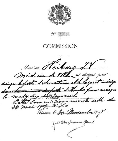 Beordringen av Heiberg til &aring; lede observasjonsposten og lasarettet i Ibembo for &aring; bekjempe sovesyke