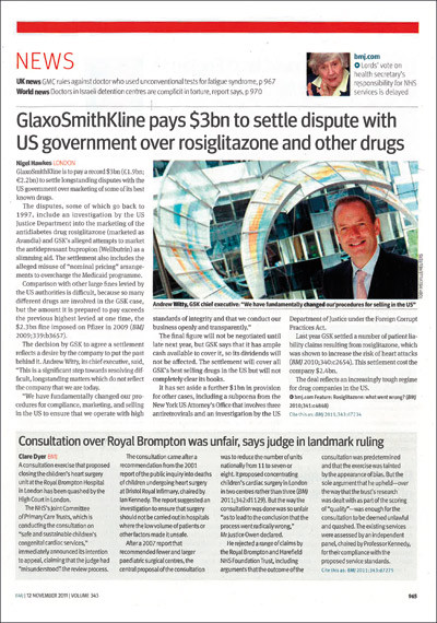 Faksimile av BMJs omtale av forliket mellom GlaxoSmithKline og den amerikanske regjeringen (9)