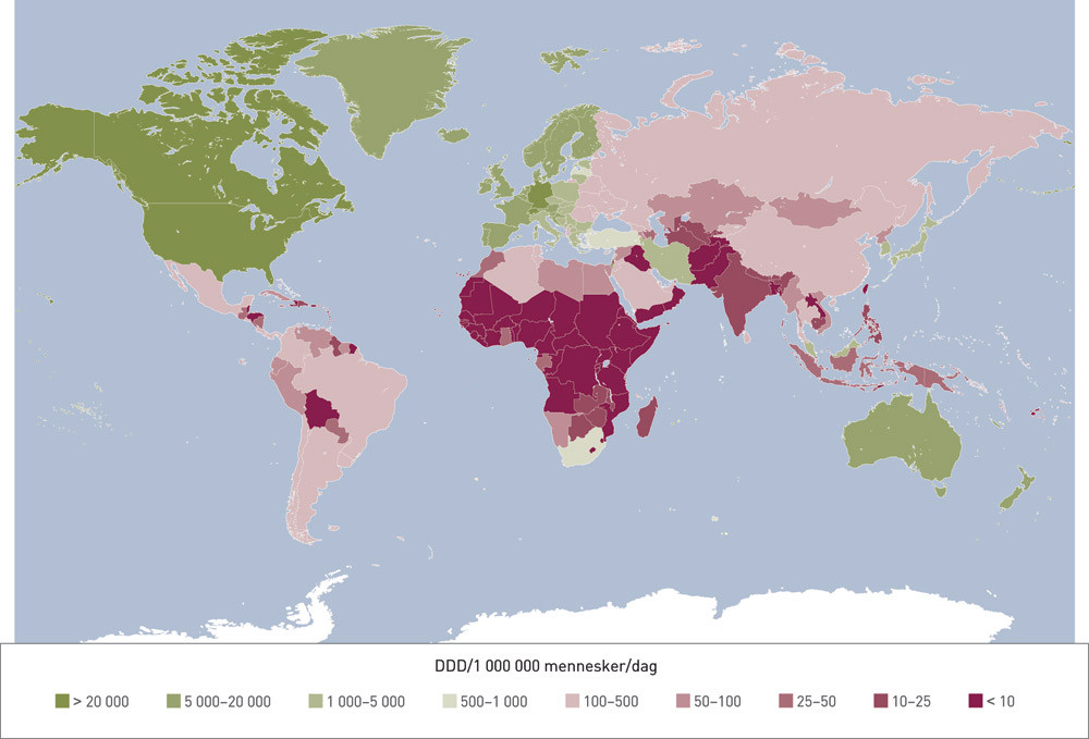 Antall definerte d&oslash;gndoser (DDD) per 100 000 innbyggere per &aring;r av opioider brukt i land over hele verden. Forfatterne har&hellip;