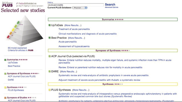 Figure 3:  Pyramid search for the question on acute pancreatitis, with a recommendation from UpToDate (via www&hellip;