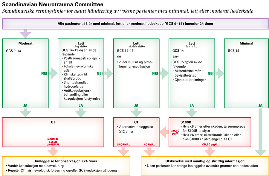 Figur 1  Faksimile av flytskjema fra de nye skandinaviske retningslinjene for akutt h&aring;ndtering av voksne pasienter med&hellip;