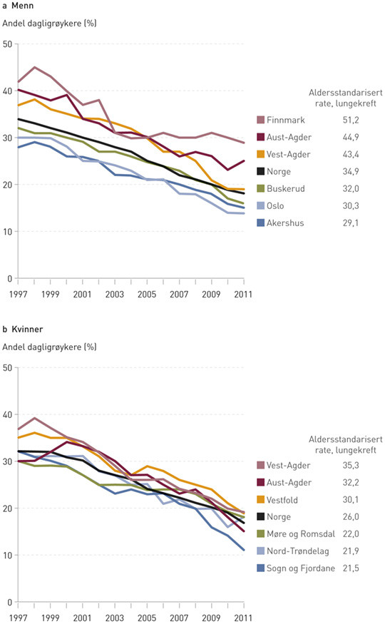 Figur 4  Utviklingen i andel dagligr&oslash;ykere i alderen 16&thinsp;&ndash;&thinsp;74 &aring;r etter bosted (vist som fem&aring;rige glidende gjennomsnitt angitt&hellip;