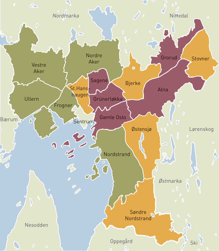 Figur 2  Oslos bydeler delt inn i levek&aring;rsgrupper. Levek&aring;rsgruppe I (gr&oslash;nn) har best levek&aring;r, levek&aring;rsgruppe III (r&oslash;d) har&hellip;