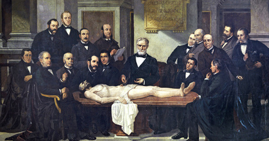 Maleriet av den spanske kirurgen Diego de Argumosa (1792&thinsp;&ndash;&thinsp;1865) som demonstrerer brokkirurgi p&aring; et kadaver, er en av f&aring;&hellip;