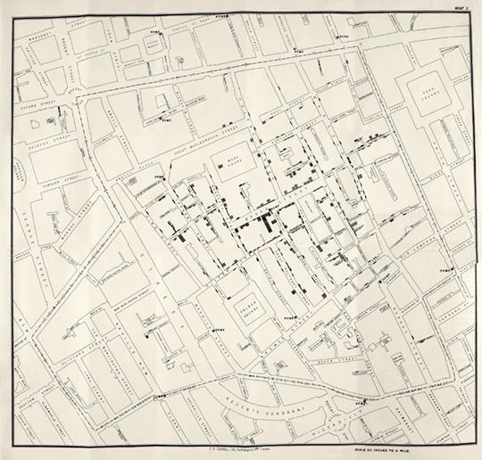 John Snows ber&oslash;mte kart over smitteveiene ved kolerautbruddet i London i 1854 &ndash; en &laquo;infeksjon oppst&aring;tt utenfor sykehus&raquo;&hellip;