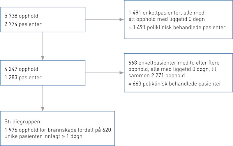 Figur 1  Uttrekk av studiegruppe: opphold i sykehus med brannskade i 2012 (fra Norsk pasientregister)