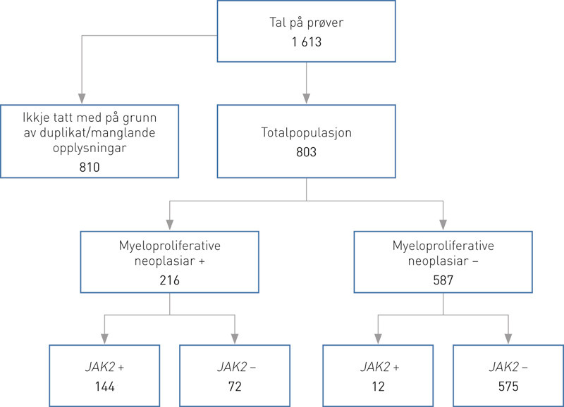 Figur 2  Oversikt over pasientpopulasjonen, p&aring;vist/ikkje-p&aring;vist myeloproliferativ neoplasi og JAK2-mutasjonsstatus