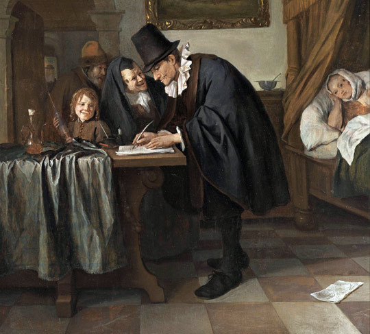 Figur 1  Den nederlandske barokkmaleren Jan Steen (1626&thinsp;&ndash;&thinsp;79) har malt tallrike legebes&oslash;k. Her er lege og pasient i&hellip;