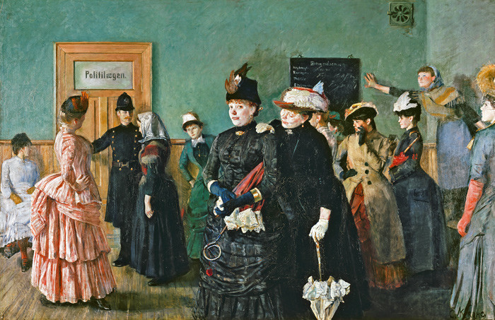 Albertine i politil&aelig;gens ventev&aelig;relse. Olje p&aring; lerret, malt 1885&thinsp;&ndash;&thinsp;87 av Christian Krohg (1852&thinsp;&ndash;&thinsp;1925)