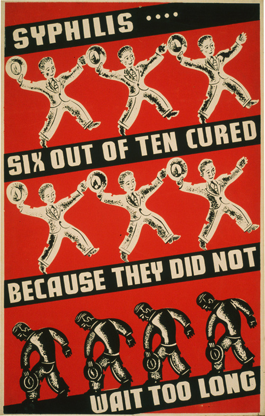 Plakat fra slutten av 1930-&aring;rene der amerikanske folkehelsemyndigheter informerer om viktigheten av tidlig behandling ved&hellip;